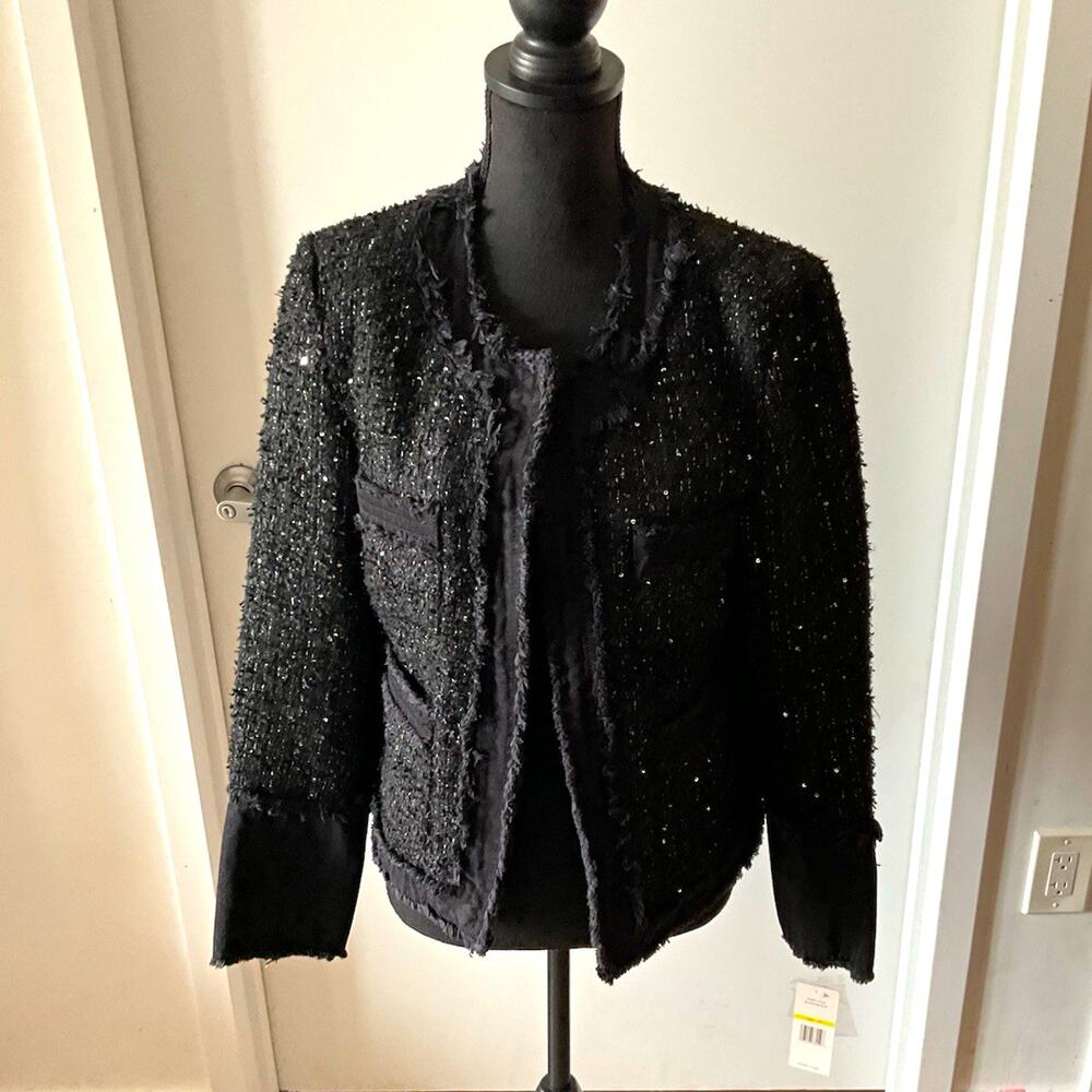 Nanette Lepore Women’s Black Sequin Fringe Open Front Lined Jacket, M